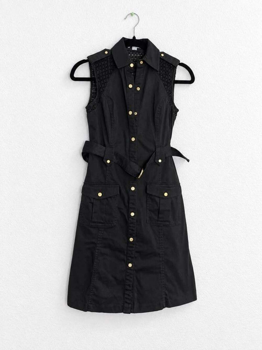 Calvin Klein Black Sleeveless Eyelet Mesh Utility Shirt Dress Belted Gold Snap